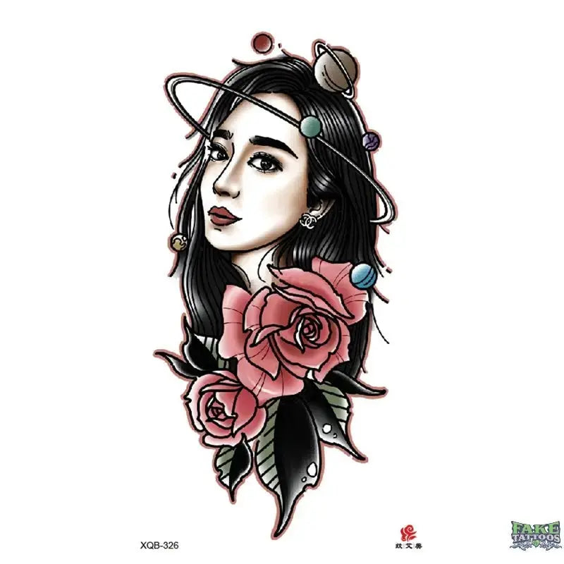 Woman Roses Space Temporary Tattoo