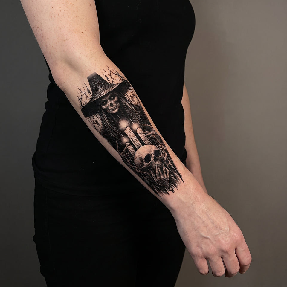 1 feuille de tatouages temporaires effrayants représentant un crâne de sorcière maléfique, tatouages autocollants réalistes, imperméables, pour manches de tatouage, style démon, vampire, Halloween