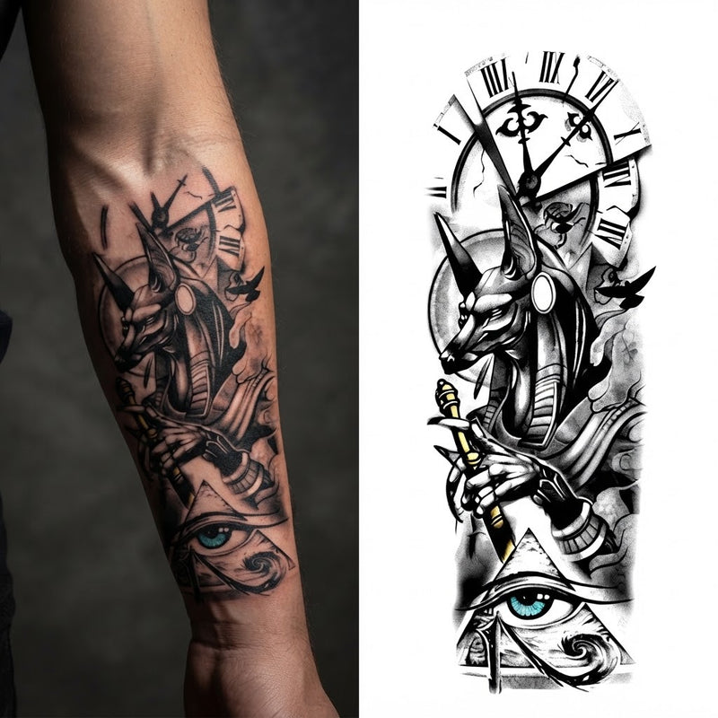 Blackline Anubis and Horus Full-Arm Sleeve Temporary Tattoo