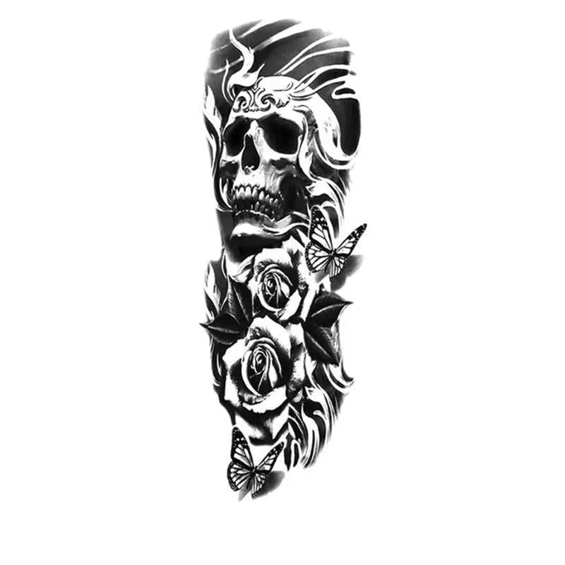 Skull over roses full arm sleeve temporary tattoo, black and grey