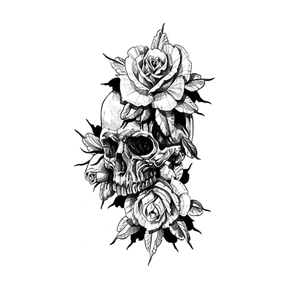 Black and grey skull wrapped in roses and leaves temporary tattoo design