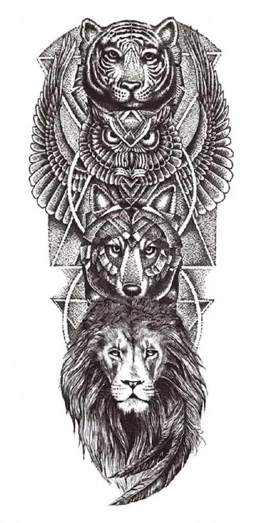 Tatuaje temporal del animal del león del lobo del búho del tigre