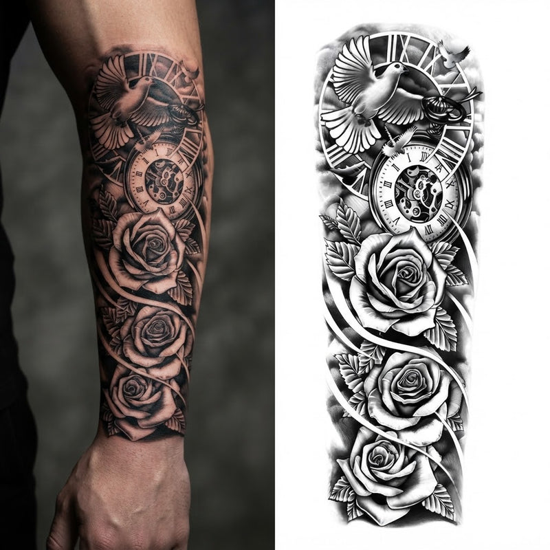 Crimson Petal Rose & Flower Arm Sleeve Temporary Tattoo