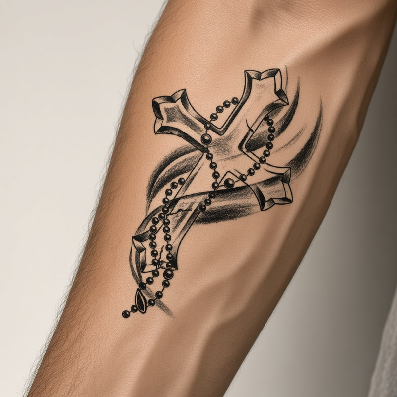 Cross wrapped in rosary beads temporary tattoo worn on the forearm