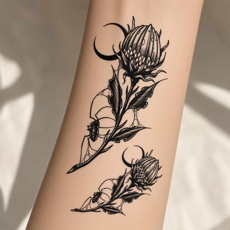 Fine-line protea flowers with crescent moons temporary tattoo worn on the forearm