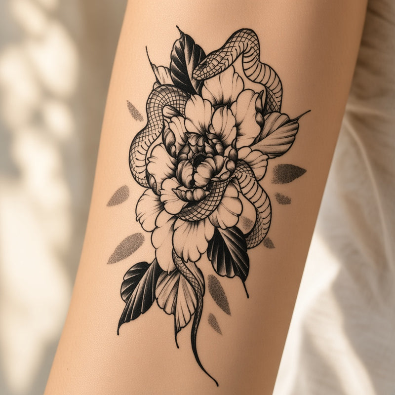 Snake coiled through a peony temporary tattoo worn on the forearm