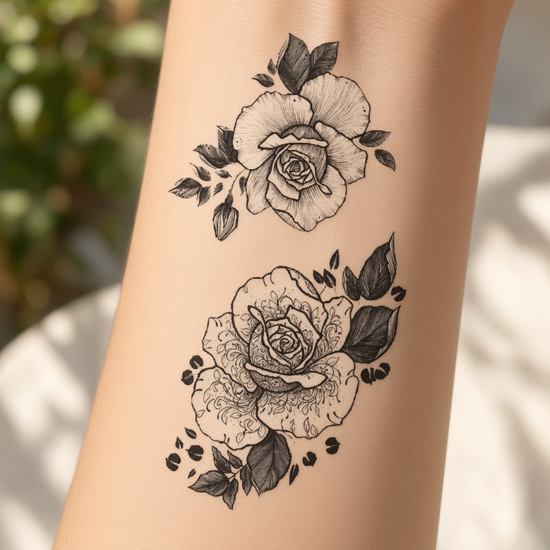 Two black and grey roses with leaves temporary tattoo worn on the forearm