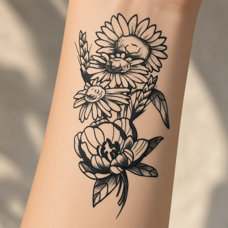 Outline sunflower and daisies over a peony temporary tattoo worn on the forearm