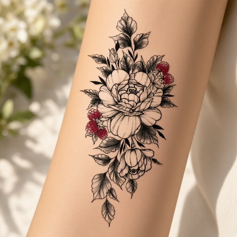 Black peony bouquet with red berries temporary tattoo worn on the forearm