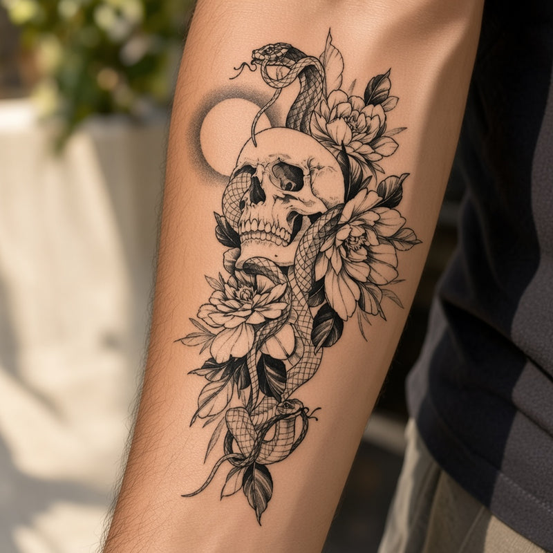Skull, cobra and flowers temporary tattoo worn on the forearm