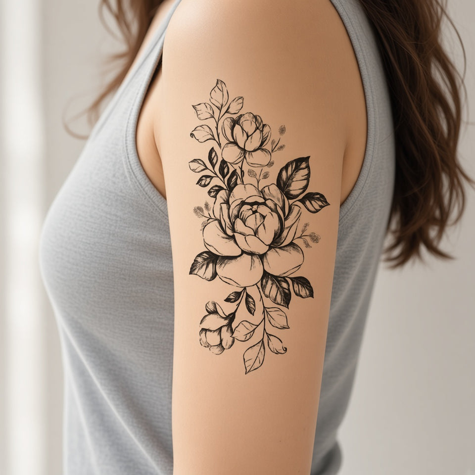 Botanic Muse — Flower 1 temporary tattoo worn on the outer upper arm
