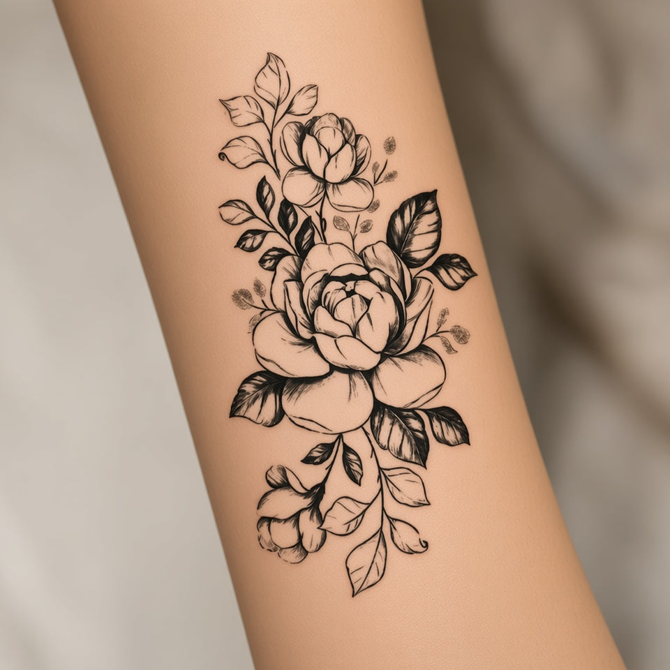 Botanic Muse — Flower 1 temporary tattoo worn on the inner forearm