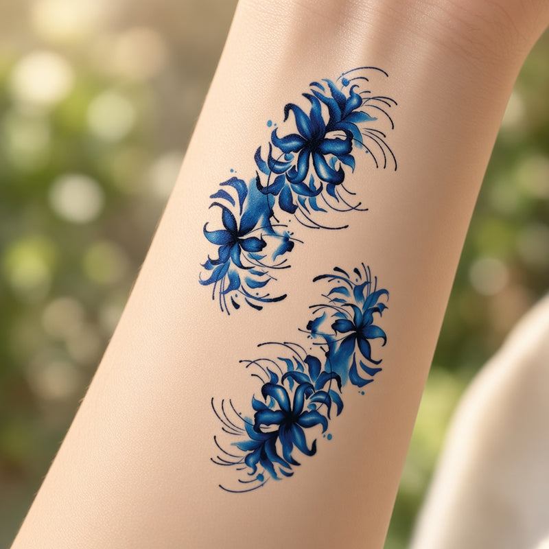 Blue spider lilies temporary tattoo worn on the forearm