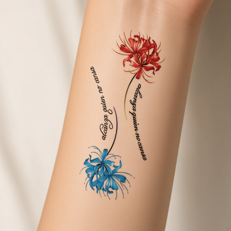Wild Flame Blue & Flower temporary tattoo worn on the inner forearm
