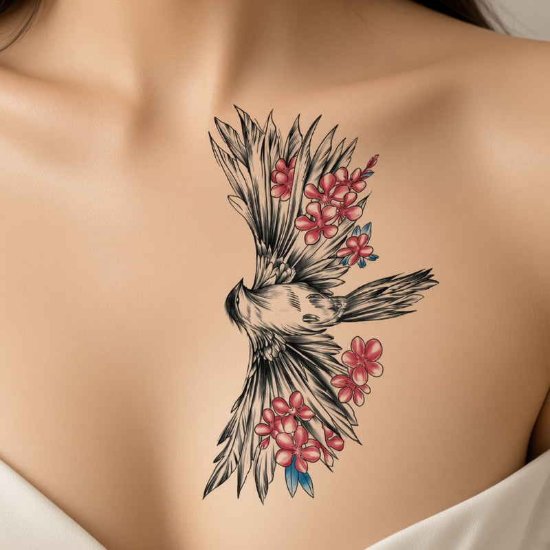 Bird with pink blossoms temporary tattoo worn on the chest