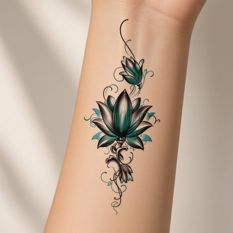 Crimson Haven Flower & Rose & Floral temporary tattoo worn on the inner forearm