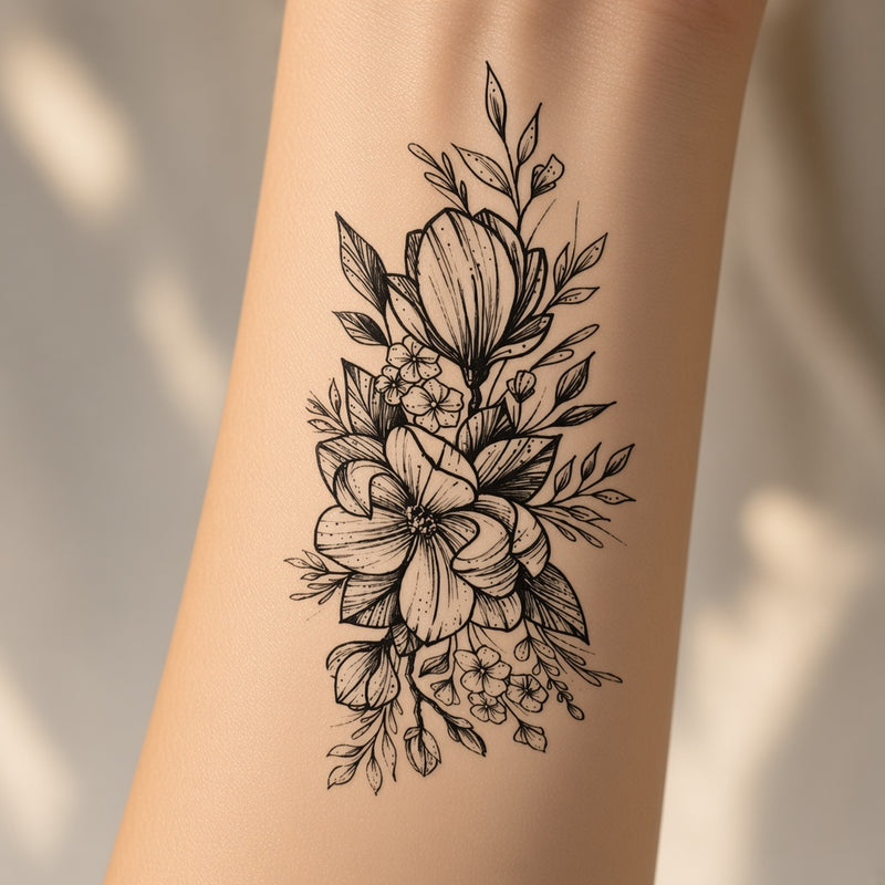 Floral temporary tattoo worn on the forearm