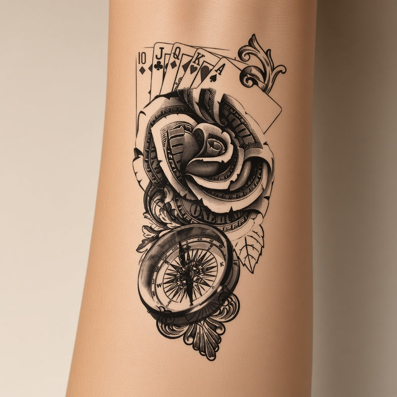 Solar Drift Rose & Flower & Compass temporary tattoo worn on the inner forearm