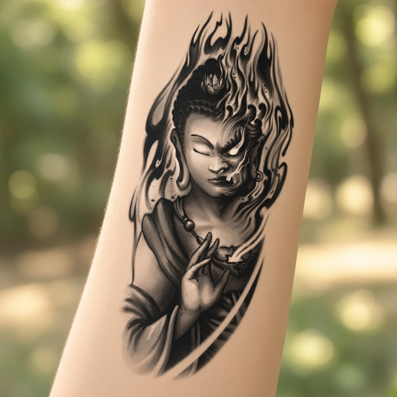 Flame woman temporary tattoo worn on the forearm