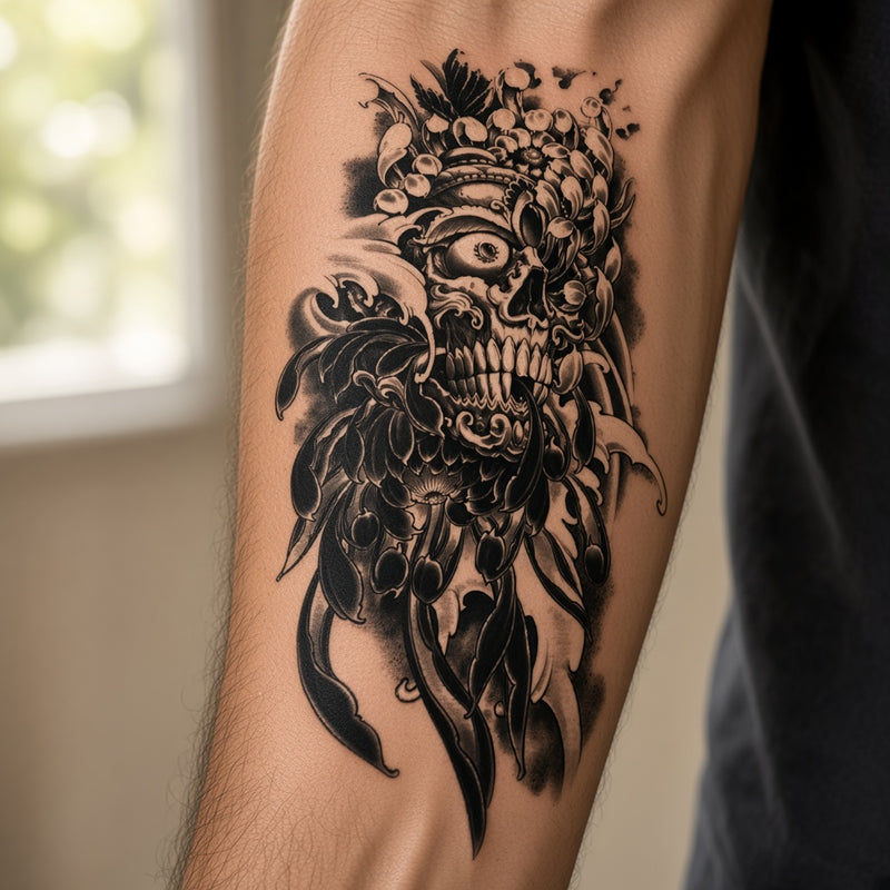 Ornate skull temporary tattoo worn on the forearm