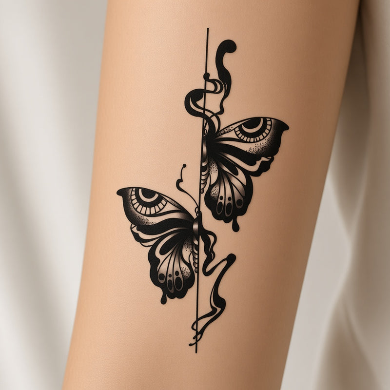 Shadow Echo Butterfly temporary tattoo worn on the inner forearm