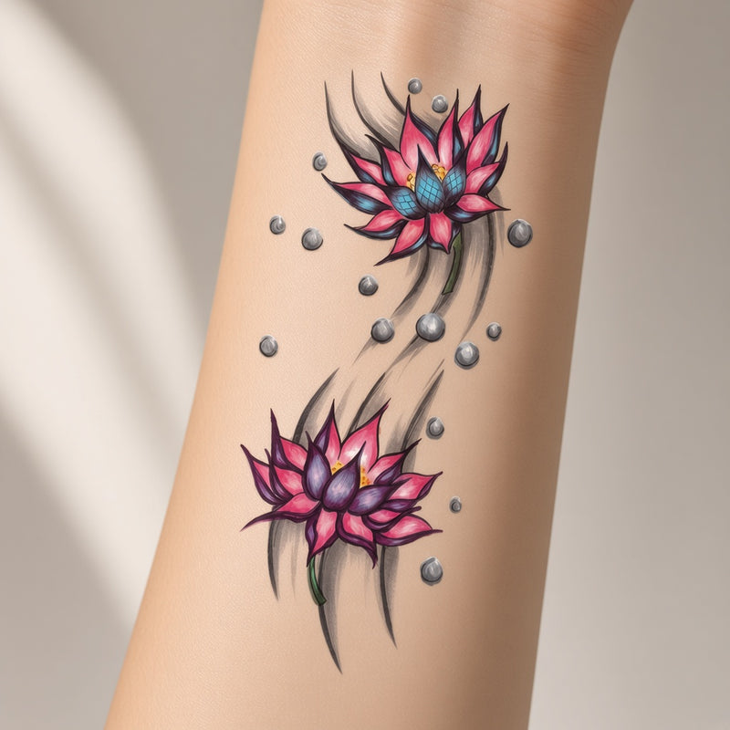 Silver Coil Black & Lotus & Flower temporary tattoo worn on the inner forearm