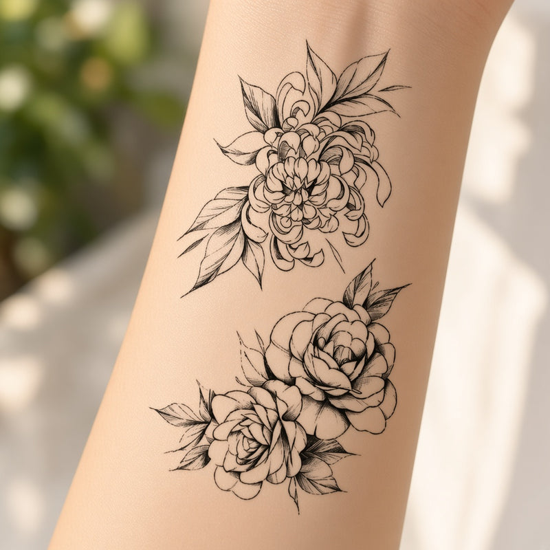Floral line art temporary tattoo worn on the forearm