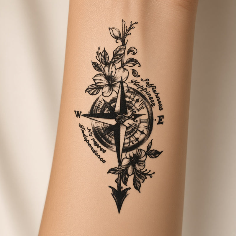 Lunar Bloom Flower & Floral & Compass temporary tattoo worn on the inner forearm