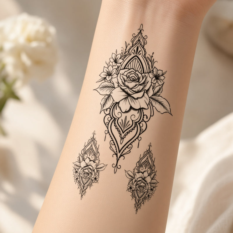 Rose and lace ornament temporary tattoo worn on the forearm