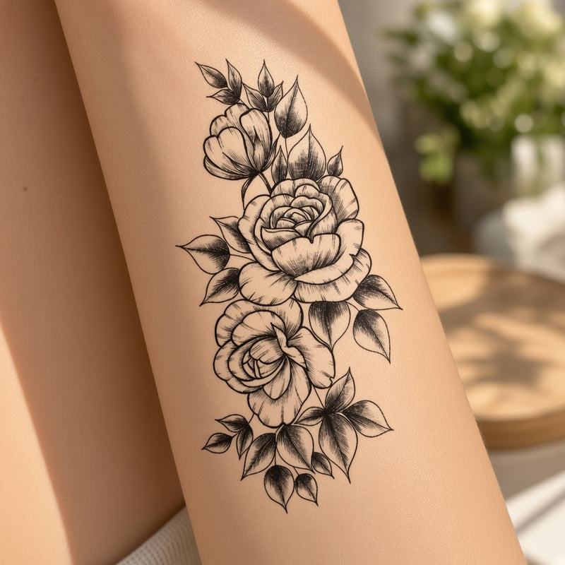 Black and grey roses temporary tattoo worn on the forearm