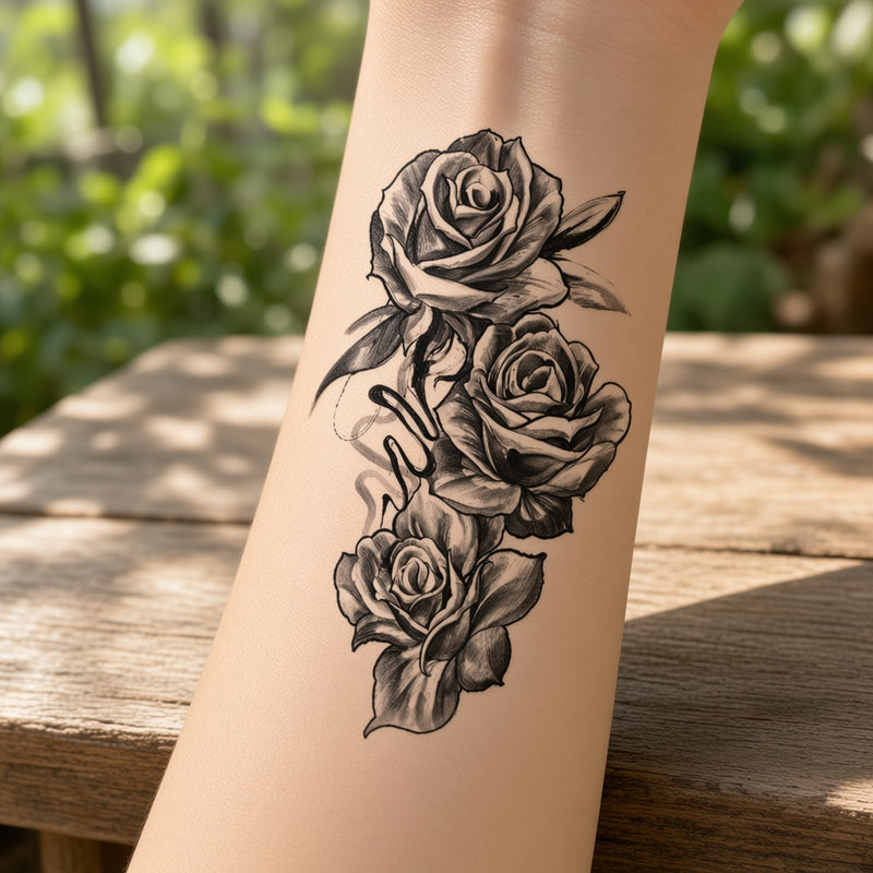 Shaded roses temporary tattoo worn on the forearm