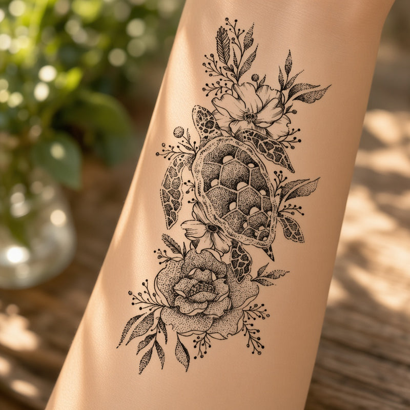 Sea turtle and flowers temporary tattoo worn on the forearm