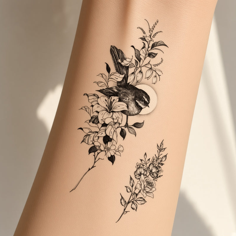 Bird and moon floral temporary tattoo worn on the forearm