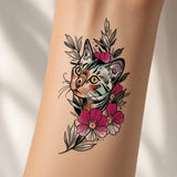Cobalt Arc Cat & Flower temporary tattoo worn on the inner forearm
