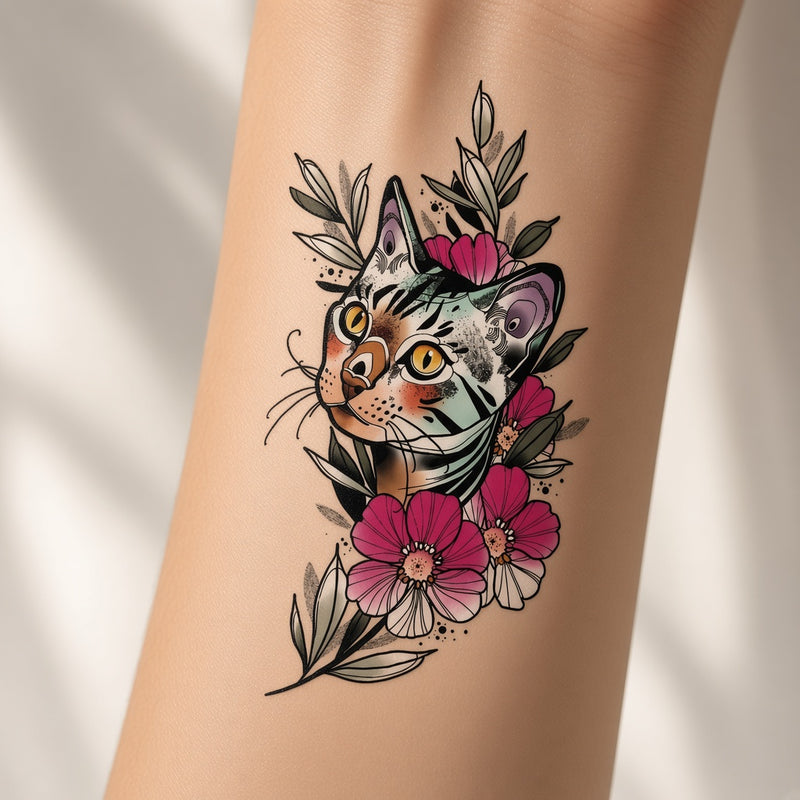Cobalt Arc Cat & Flower temporary tattoo worn on the inner forearm