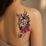 Cobalt Arc Cat & Flower temporary tattoo worn on the back of the shoulder