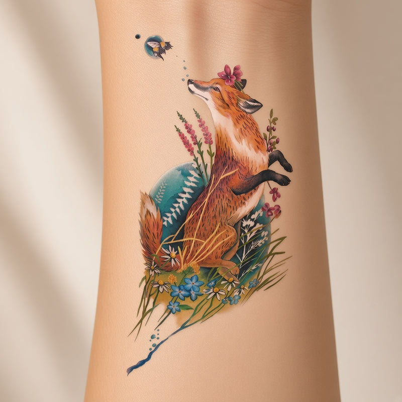 Moonlit Echo Fox & Flower & Floral temporary tattoo worn on the inner forearm