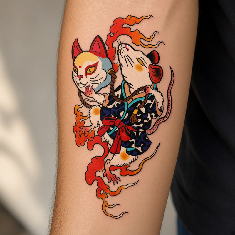 Kitsune cat mask and white rat in flames worn on a forearm, colour temporary tattoo design