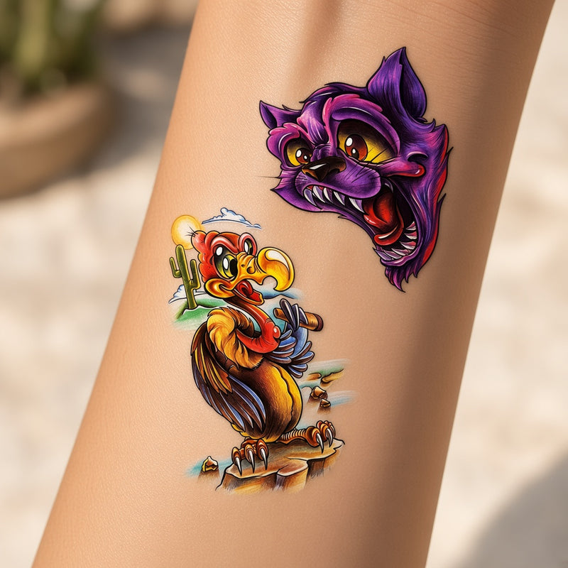 Cartoon cat and vulture temporary tattoo worn on the forearm