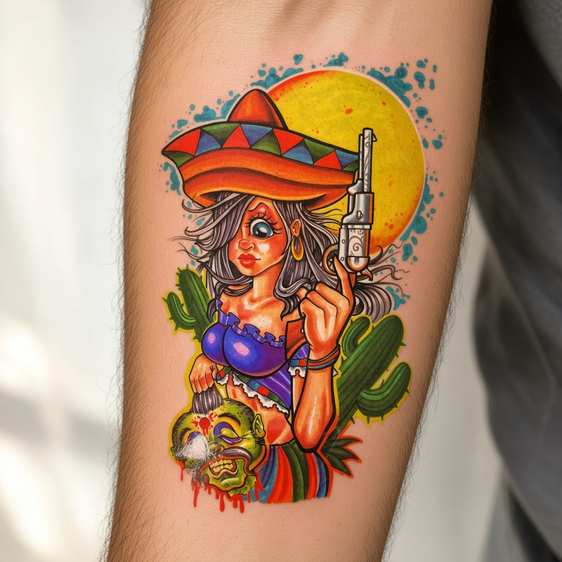 Cowgirl in a sombrero with a revolver and cactus worn on a forearm, colour temporary tattoo design