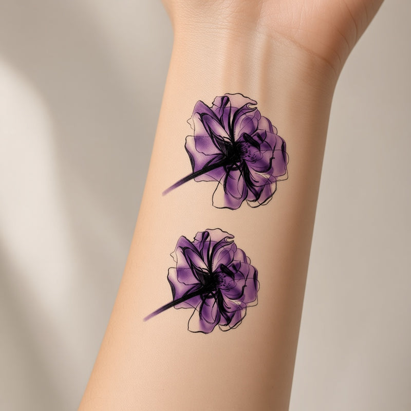 Cinder Crown Purple & Flower temporary tattoo worn on the inner forearm
