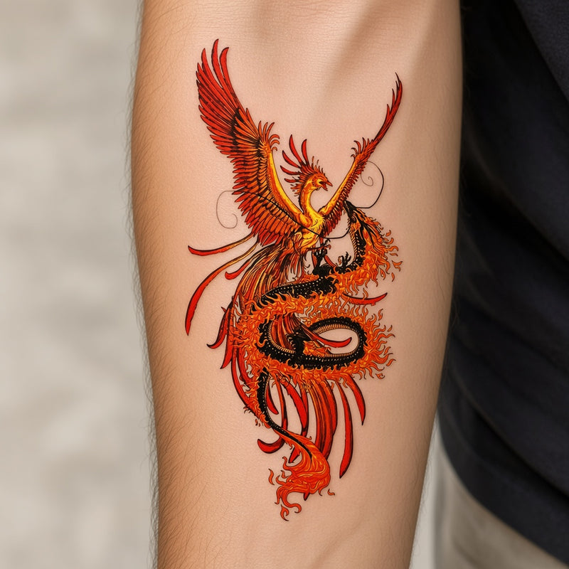Fiery phoenix with a coiled dragon worn on an outer forearm, colour temporary tattoo design