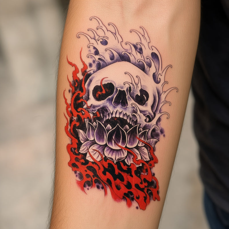 Skull on a lotus in red flames worn on a forearm, colour temporary tattoo design