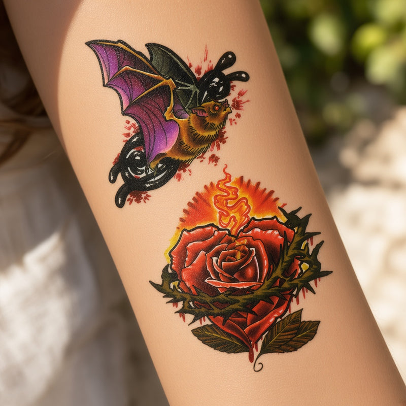 Bat and burning rose temporary tattoo worn on the forearm