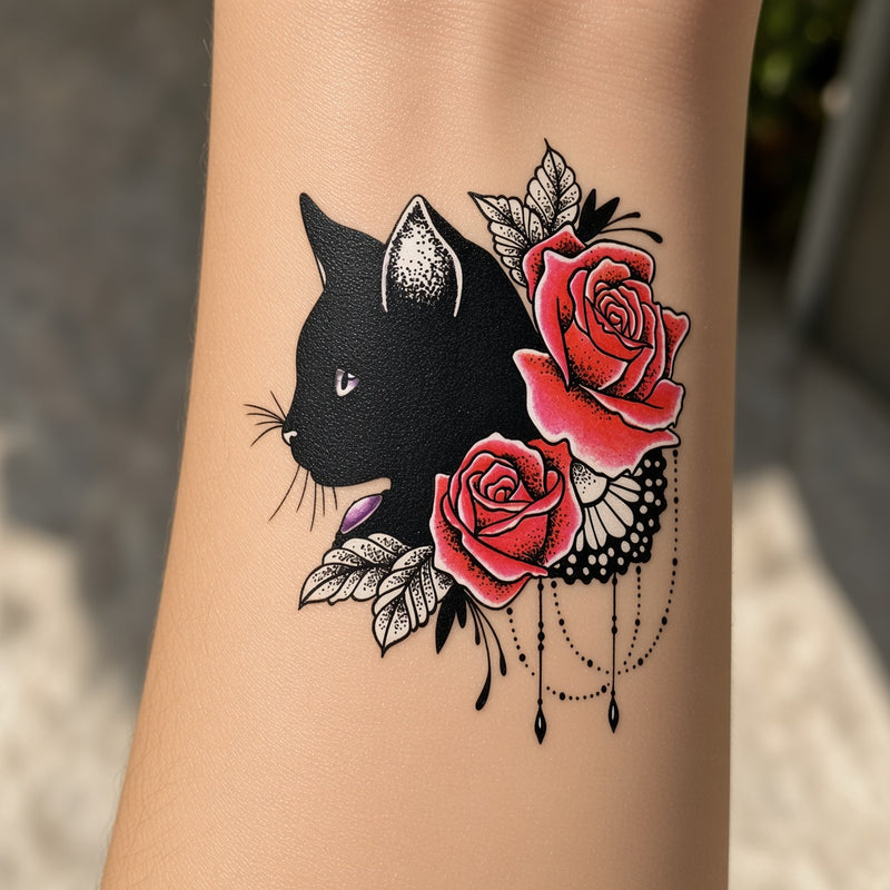 Black cat and roses temporary tattoo worn on the forearm