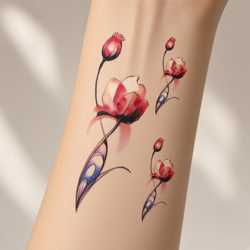 Quiet Flame Pink & Flower temporary tattoo worn on the inner forearm