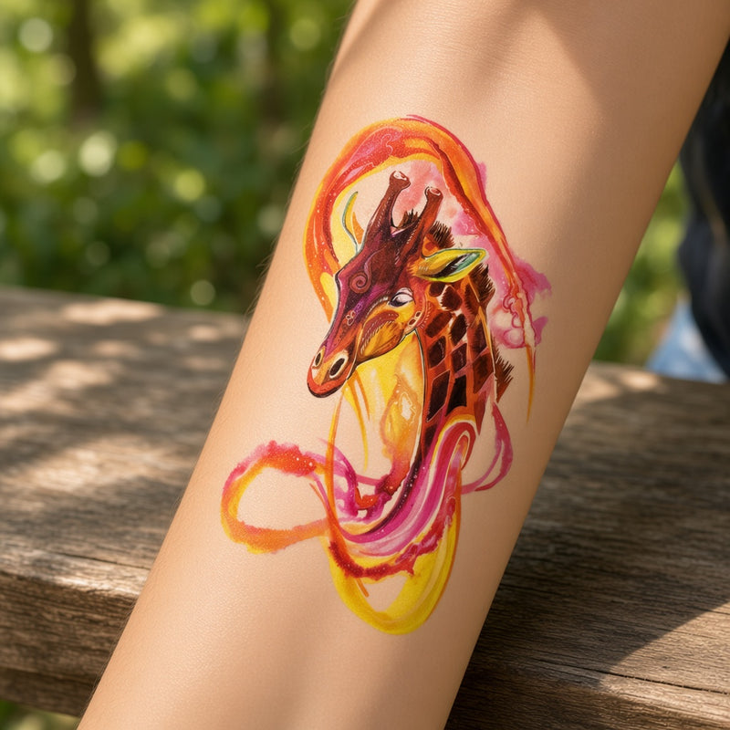 Watercolor giraffe temporary tattoo worn on the forearm
