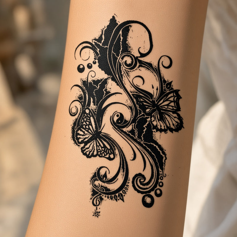 Tribal butterflies swirl temporary tattoo worn on the forearm