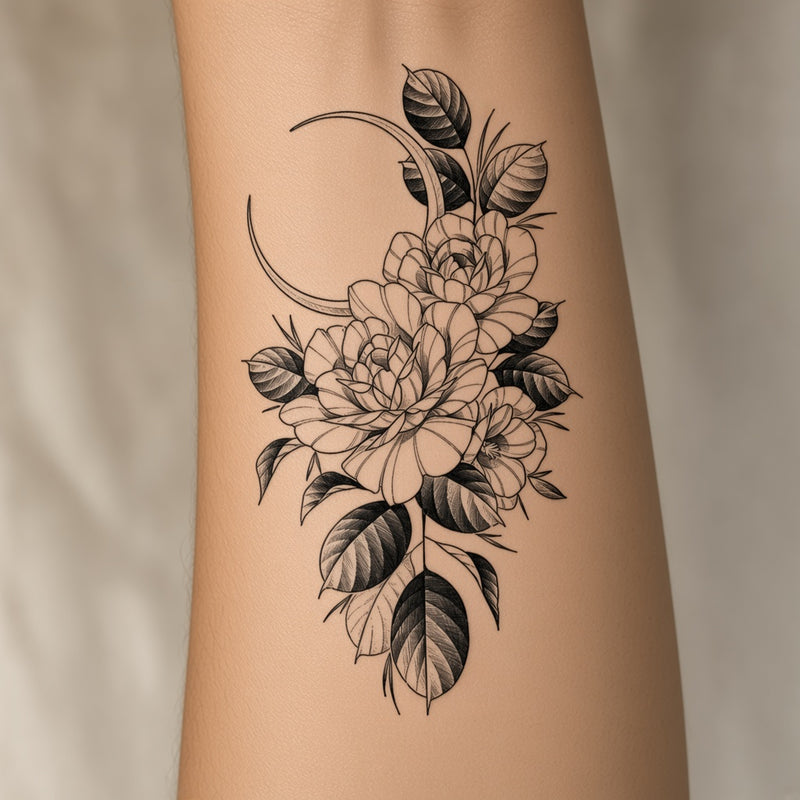Peonies under a crescent moon worn on an outer forearm, black and grey temporary tattoo design