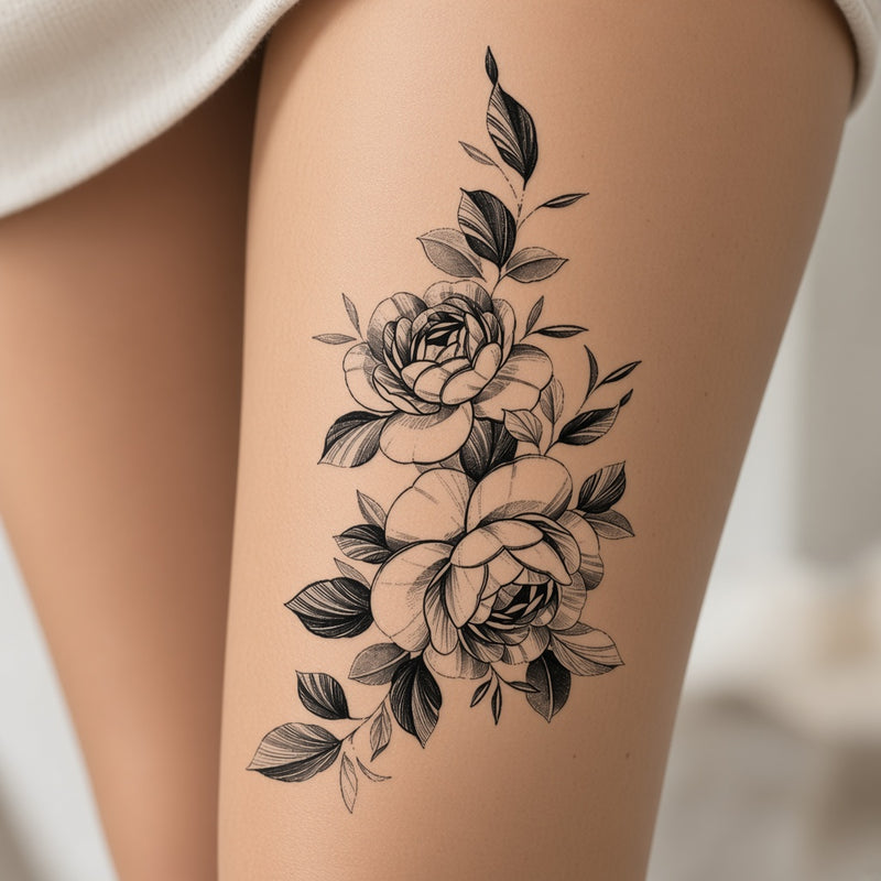 Climbing black rose vine worn on an outer thigh, temporary tattoo design
